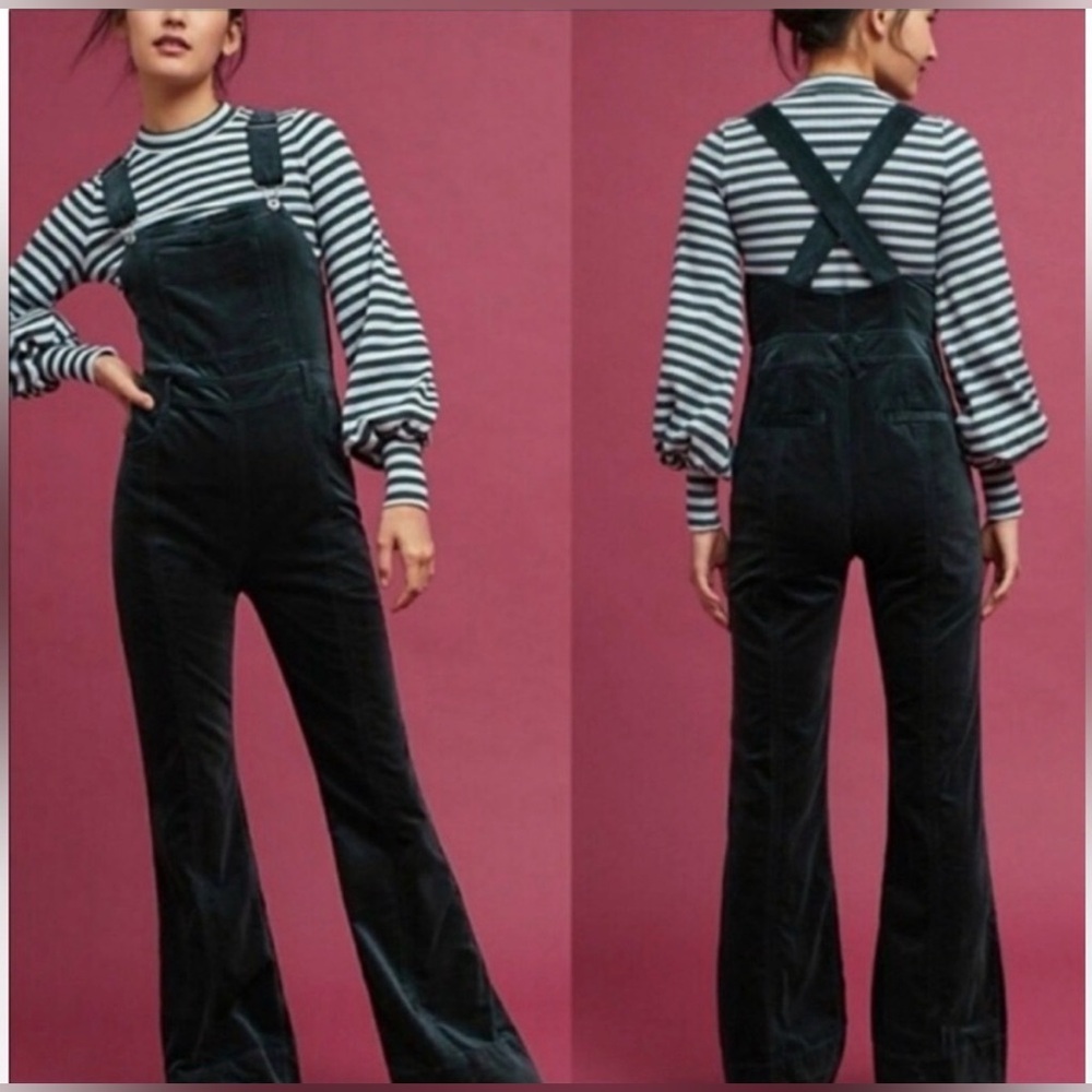 Anthropologie Pilcro & The Letterpress Black Velvet Flare Overalls